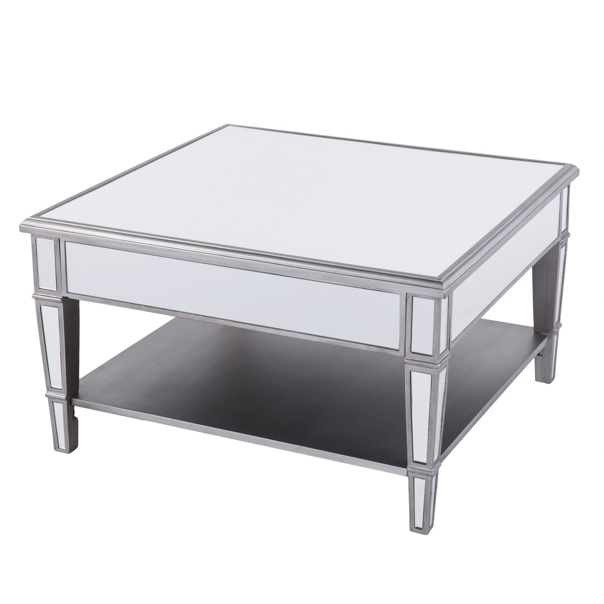 HomeRoots 29" Silver Mirrored Square Coffee Table With Shelf | Wayfair